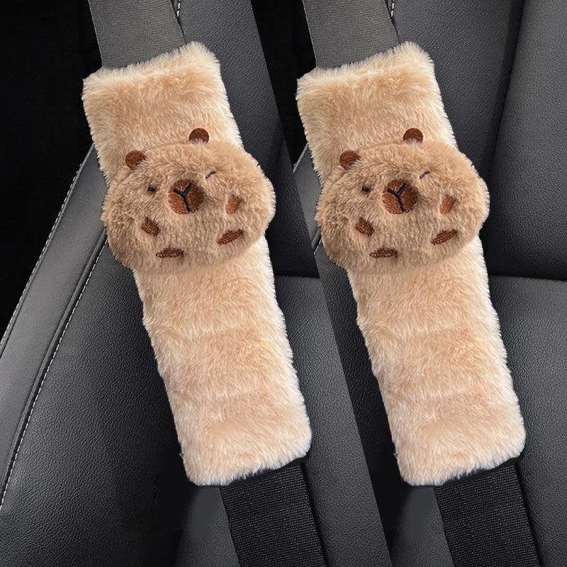 New Cute Cartoon Capybara Universal Car Seat Belt Cover Imitation Rabbit Fur Long Plush Auto Safety Shoulder Pad For Kids Ladys