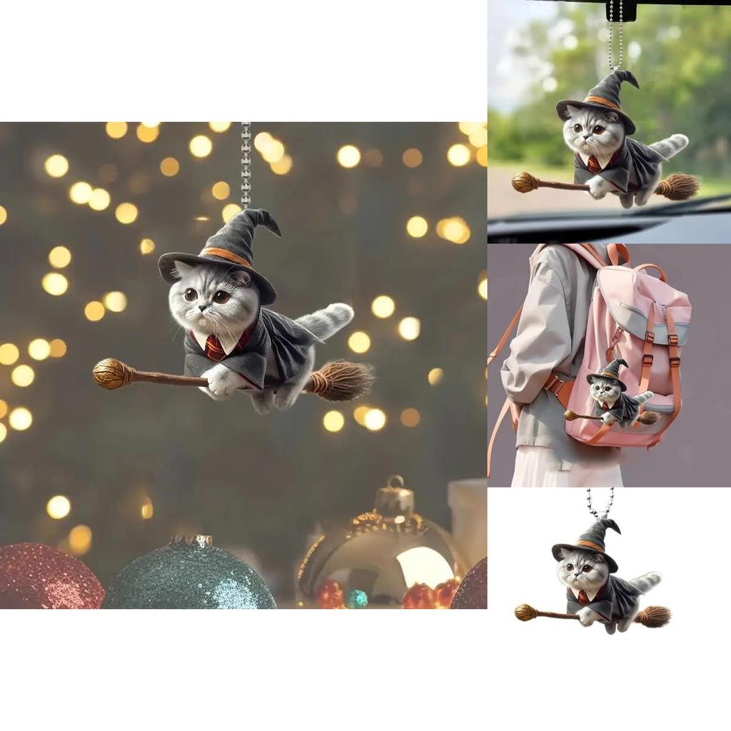 Minimalist Acrylic Flat Surface Car Charm With Magical Cat Riding Broom Design For Auto Interior Decoration