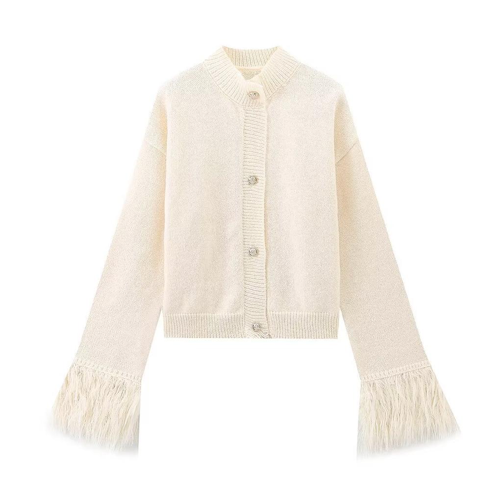 Women Solid Knit Cardigan With Faux Fur Trim Long Sleeve