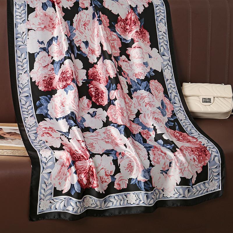 Botanical Flowers Lijin Satin Long Silk Scarf Korean Version of the Temperament of Women's Decorative Shawls