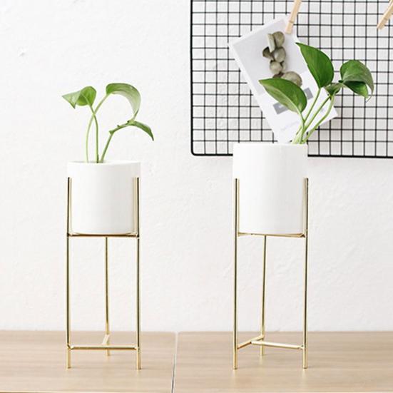 1 Set Flower Pot Stylish Iron Frame Flower Stand Elegant Ceramic Flowerpot for Home Office Room Decoration