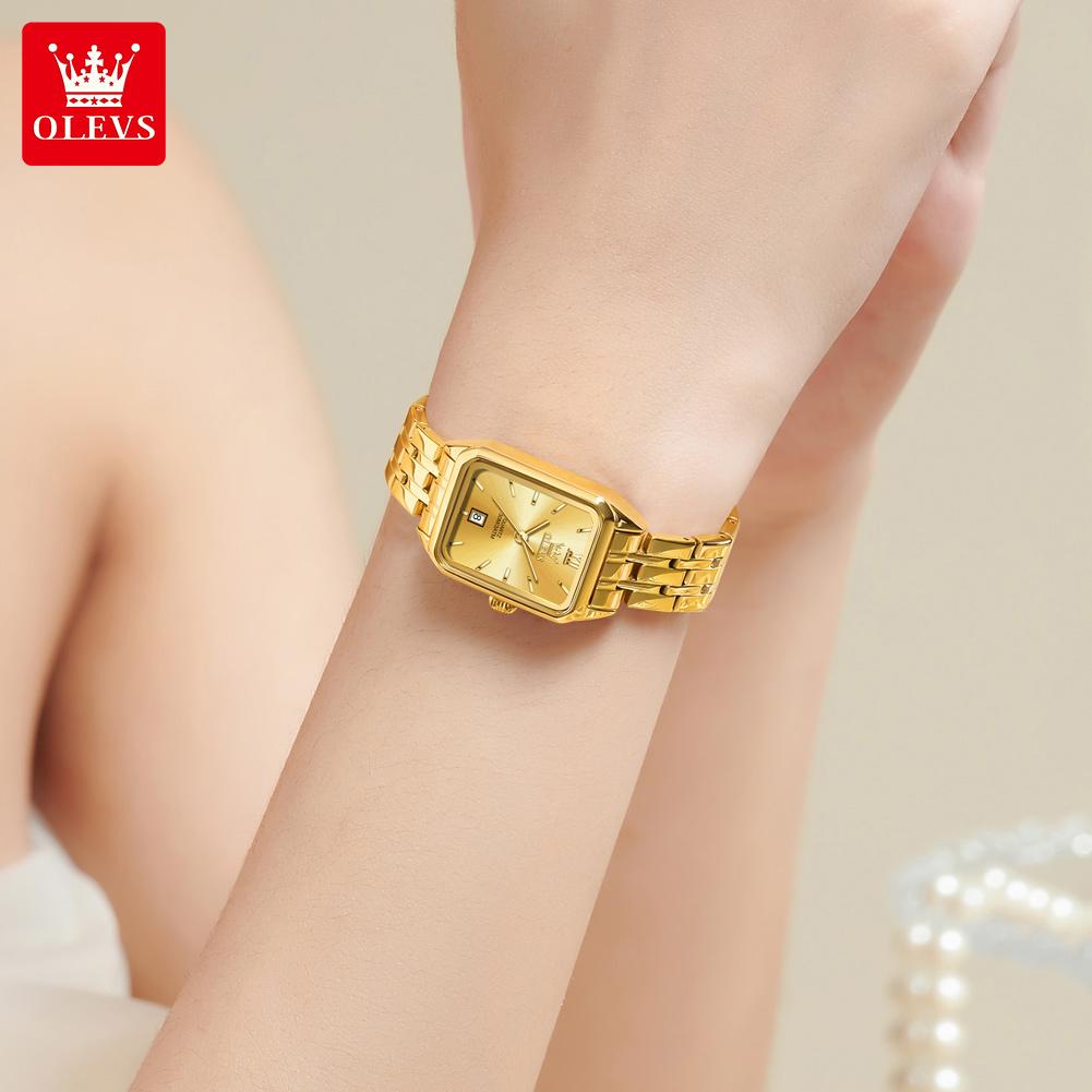 OLEVS Quartz Women's Watches Stainless Steel Square Small Gold Watch for Women Waterproof Auto Date Elegant Ladies Wristwatches