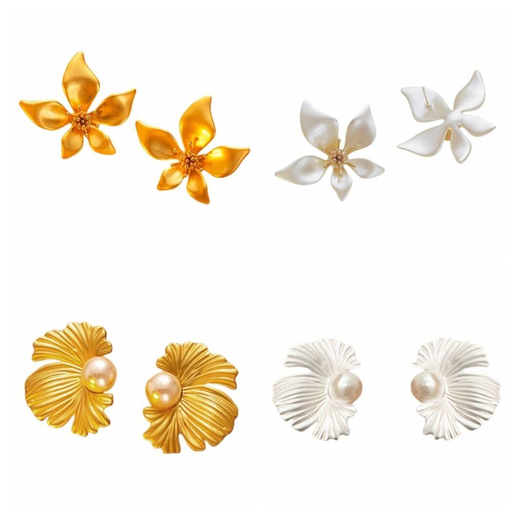 Textured Pearl Ear Studs Elegant Flower Earrings Jewelry Creative Ginkgo Leaf Earrings Party