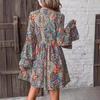 Autumn/winter Elegant Women's Floral Print V-neck Dress with Flared Sleeves