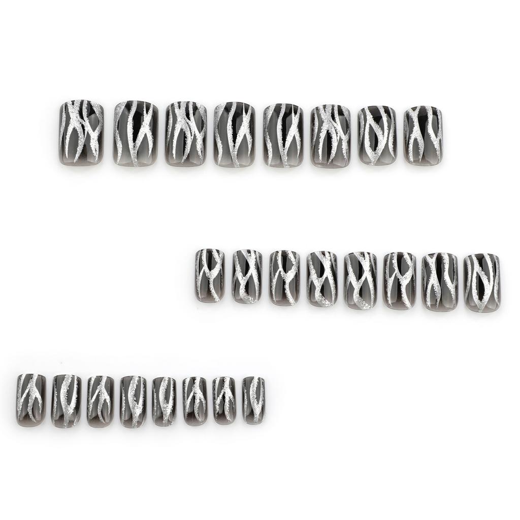 24 шт. квадратных накладных ногтей с черным градиентом, акриловые накладные ногти с блестками, полное покрытие, наклеенные на ногти