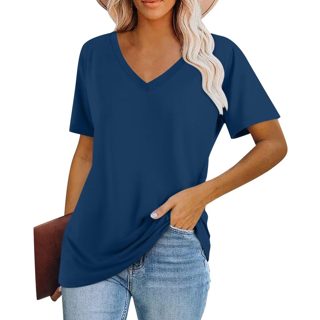 Women's Fashion V-Neck Classic Loose Solid Color Casual Short Sleeve T-Shirt