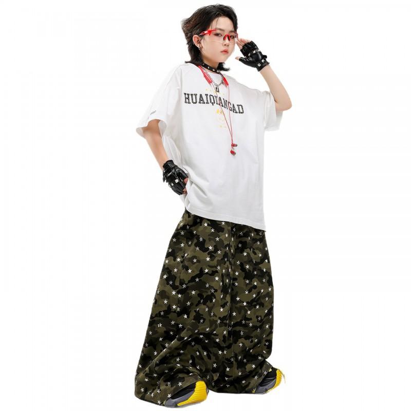 Kids Hip Hop Dance Outfit Set Boy Girl Loose Streetwear Performance Costume Cotton Short Sleeve Top Camo Pants