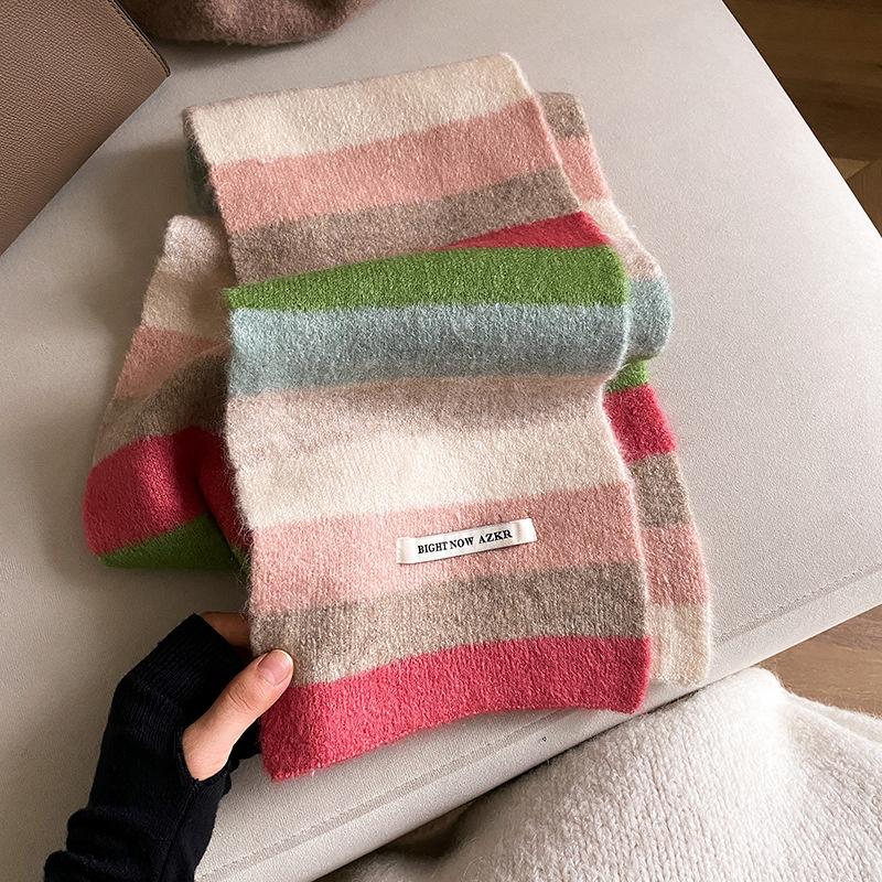Rainbow Stripes Mohair Scarf Men And Women In Winter Colour Blocking Stripes Wool Short Scarf Students Warm Short Scarf