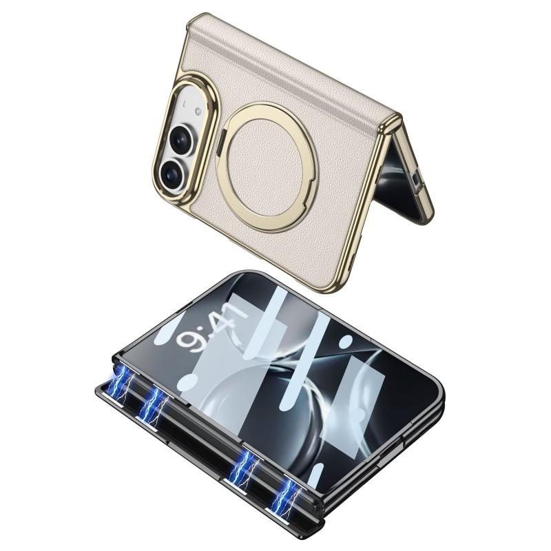 Duo Foldable Phone Case Electroplated Leather Hinge Full Body Shockproof 360 Rotation Stand