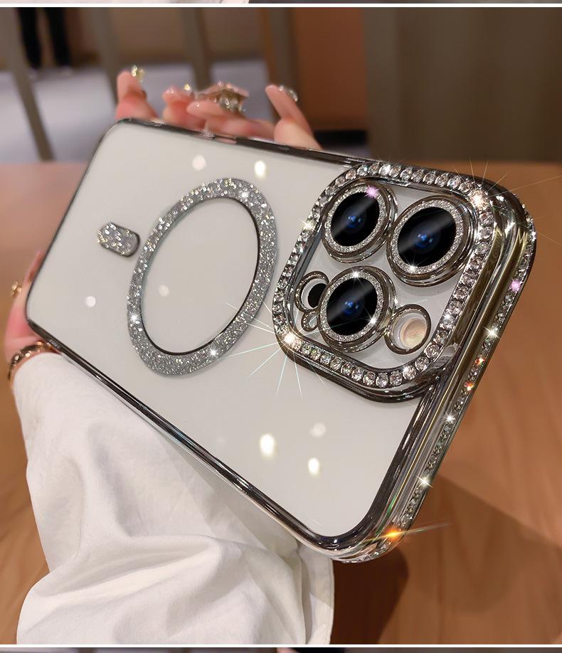 Прозрачный гальванизированный магнитный чехол с бриллиантовыми блестками для iPhone 14/15/16, 15 Pro Max, силиконовый