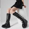 GIGIFOX Goth Metal Buckle Combat Mid-Calf Boots For Women Round Toe Platform Chunky High Wedges Cool Fashion Motorcycle Boots