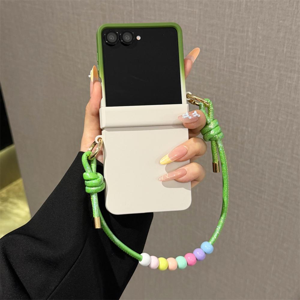 Gradient Color Hard Hinge Full Protection With Colorful Beaded Wrist Strap Phone Case For Samsung Galaxy Z Flip 8 7 FE 6 5 4 3