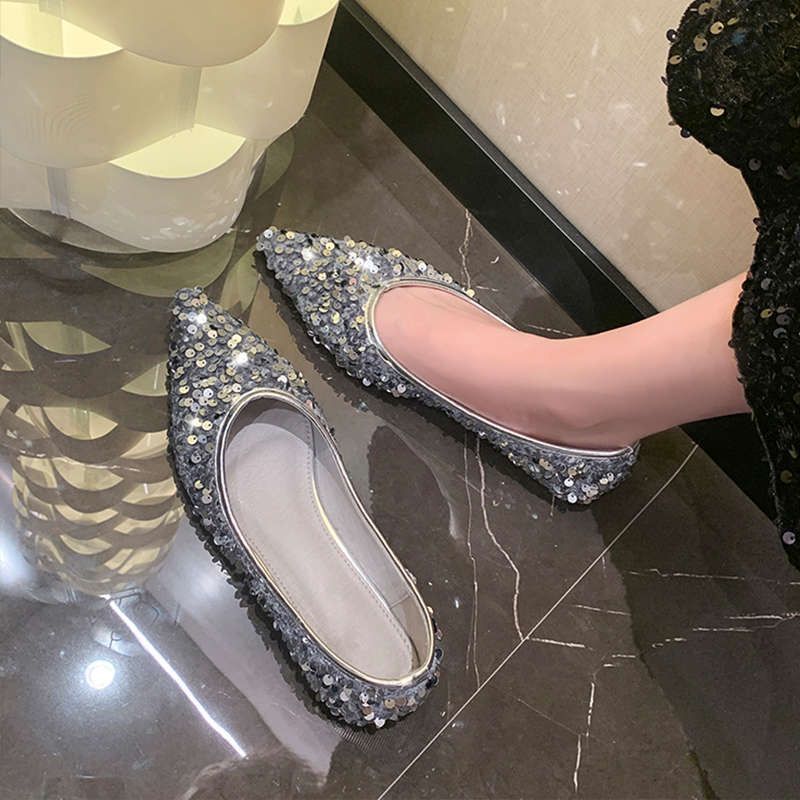 Французские туфли с пайетками, женские, лето 2024, новые, с острым носком, на плоской подошве, маленькие, ароматные, модные, универсальные, на плоской подошве