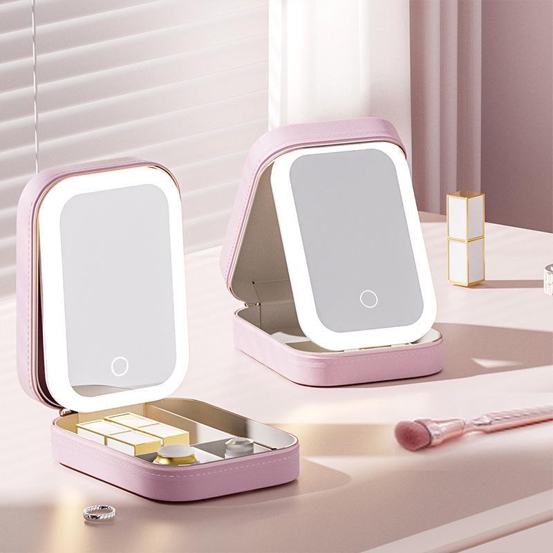 Makeup Storage Box with LED Light Mirror Portable Travel Makeup Cosmetics Storage Box Touch Light Storage Organizer