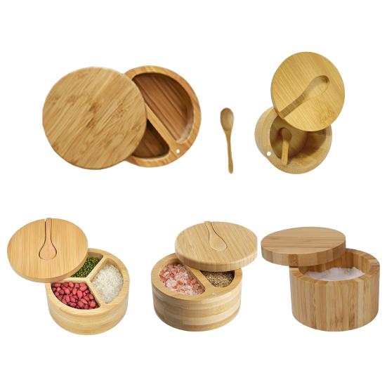 Солонка из бамбука, банка для приправ со встроенными ложками, контейнер для соли для кухни, вращающаяся крышка, коробка для специй для столешницы