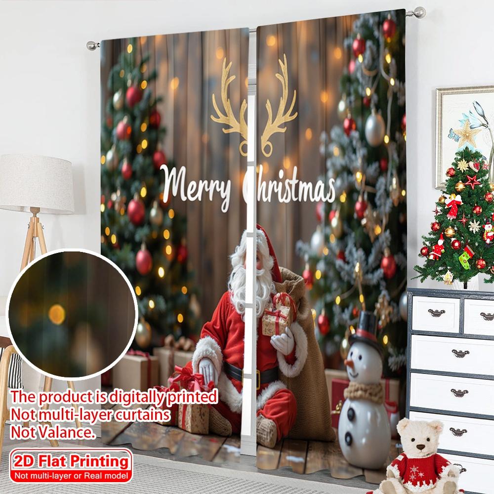 2pcs 2D Flat Printing Merry Christmas Popular Curtain Merry Christmas Snowman Santa 100% Polyester Without Electricity Festive