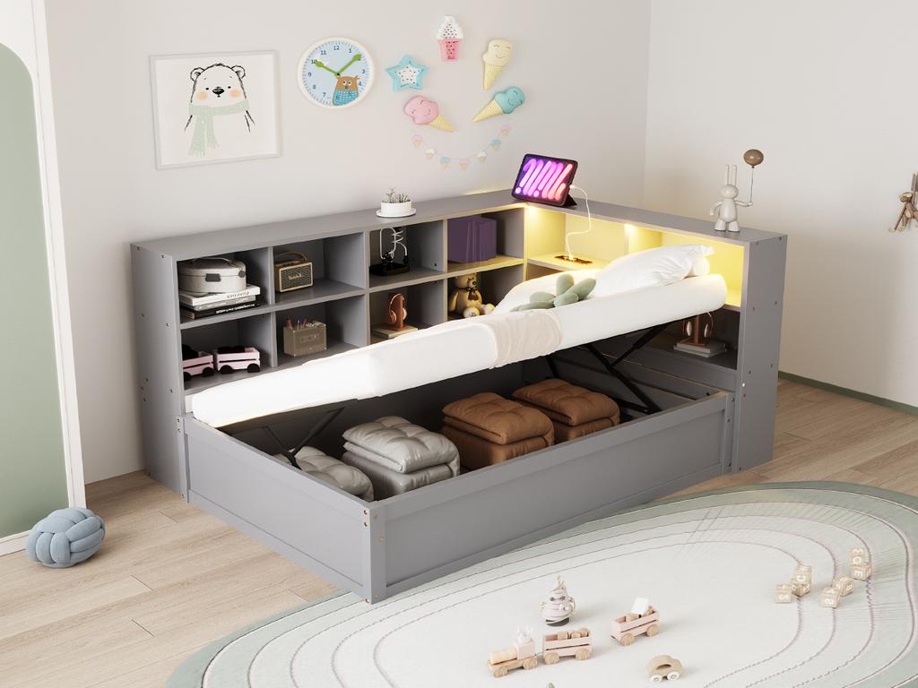Sofa Bed 90*200, with Multiple Socket and Several Storage Compartments, with Light Strip, Solid Wood Bed, Multifunctional Wooden Bed, Grey.