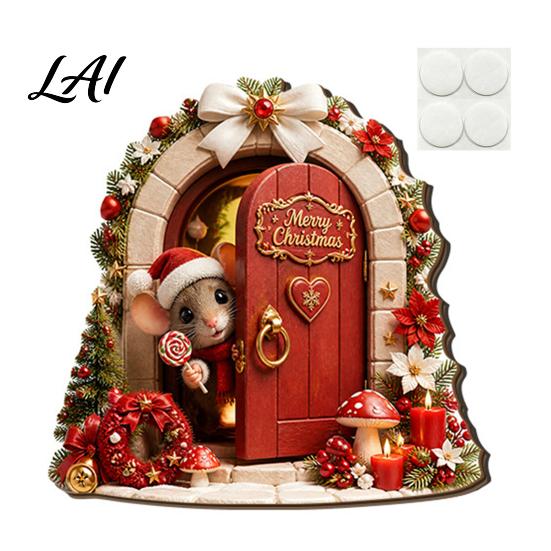 Christmas Themed Craft Wooden Miniature Fairy Door 2D Flat Cute Mouse Cat Santa Holiday Door Ornament Snowman Tiny Decoration for Wall Decor,