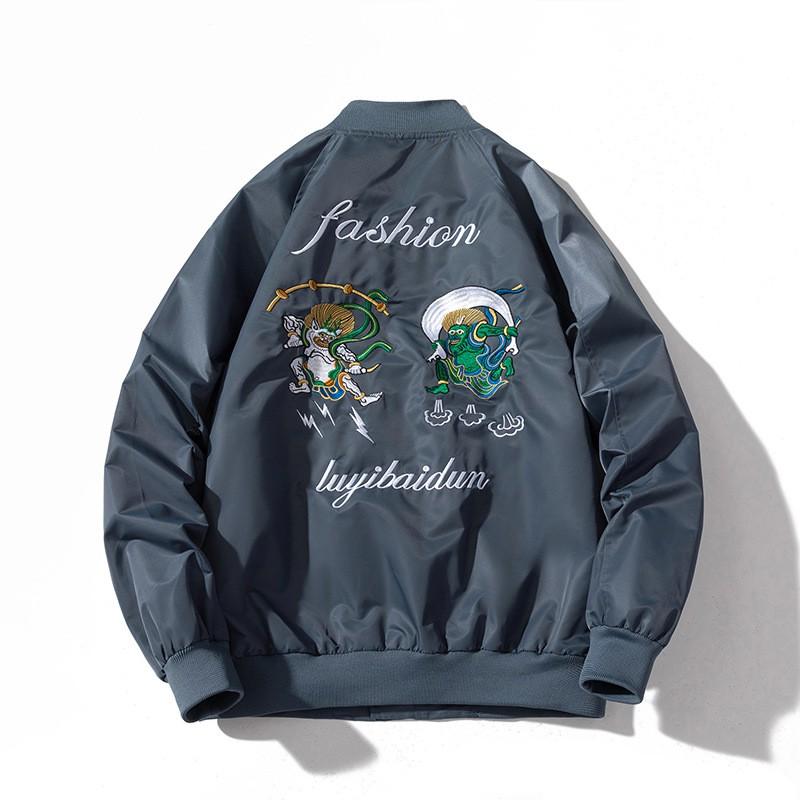 Mens Oversized Bomber Jacket Casual Cotton Outerwear With Embroidery Ribbed Cuffs