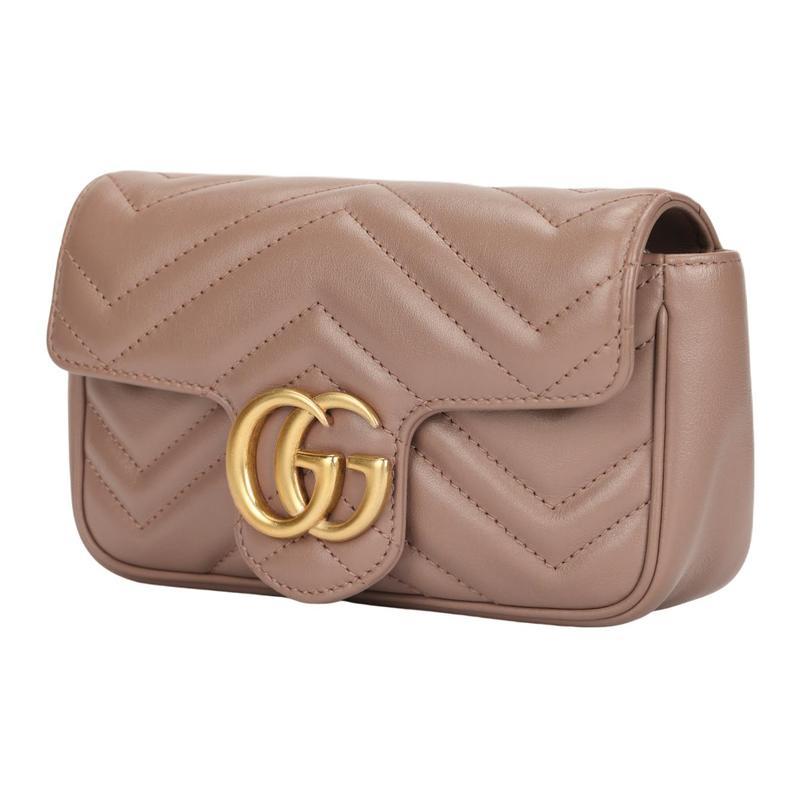 Gucci GG Marmont Marmont Gold Label Double GLogo Distressed Quilted Leather Crossbody Shoulder Bag Super Mini Women's Milk Tea Nude