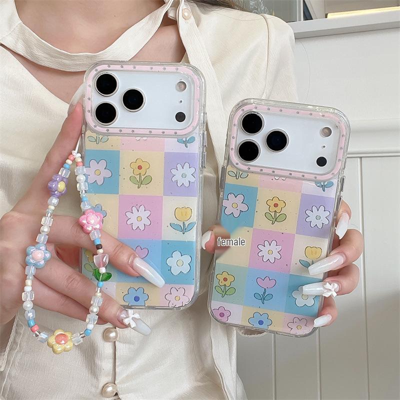 Spring Floral Grid Chain Case for iPhone 17, 16 Pro Max, 15 Pro