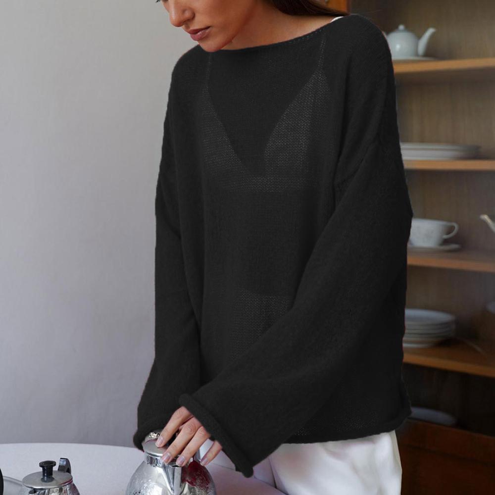 Ажурная трикотажная рубашка весна/лето женская перспектива тонкая большая круглая горловина рукав труба трикотажная футболка