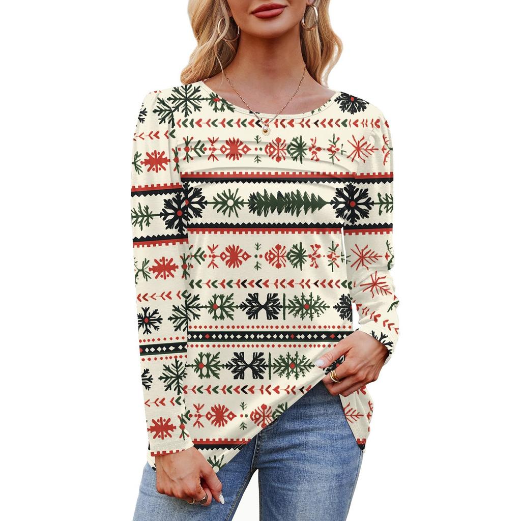 Женская футболка с круглым вырезом и длинными рукавами с принтом рождественской елки и снежинки