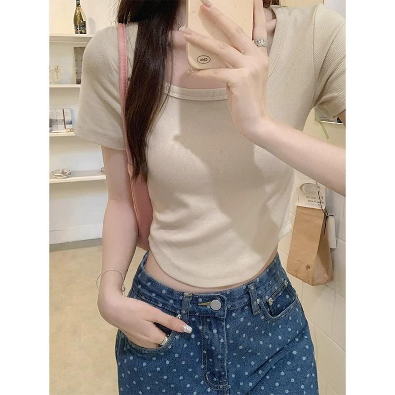Dopamine Whitening Slim Right Shoulder Square Collar Short-sleeved Pure Desire T-shirt Summer Curved Hem Bm Short Crop Top