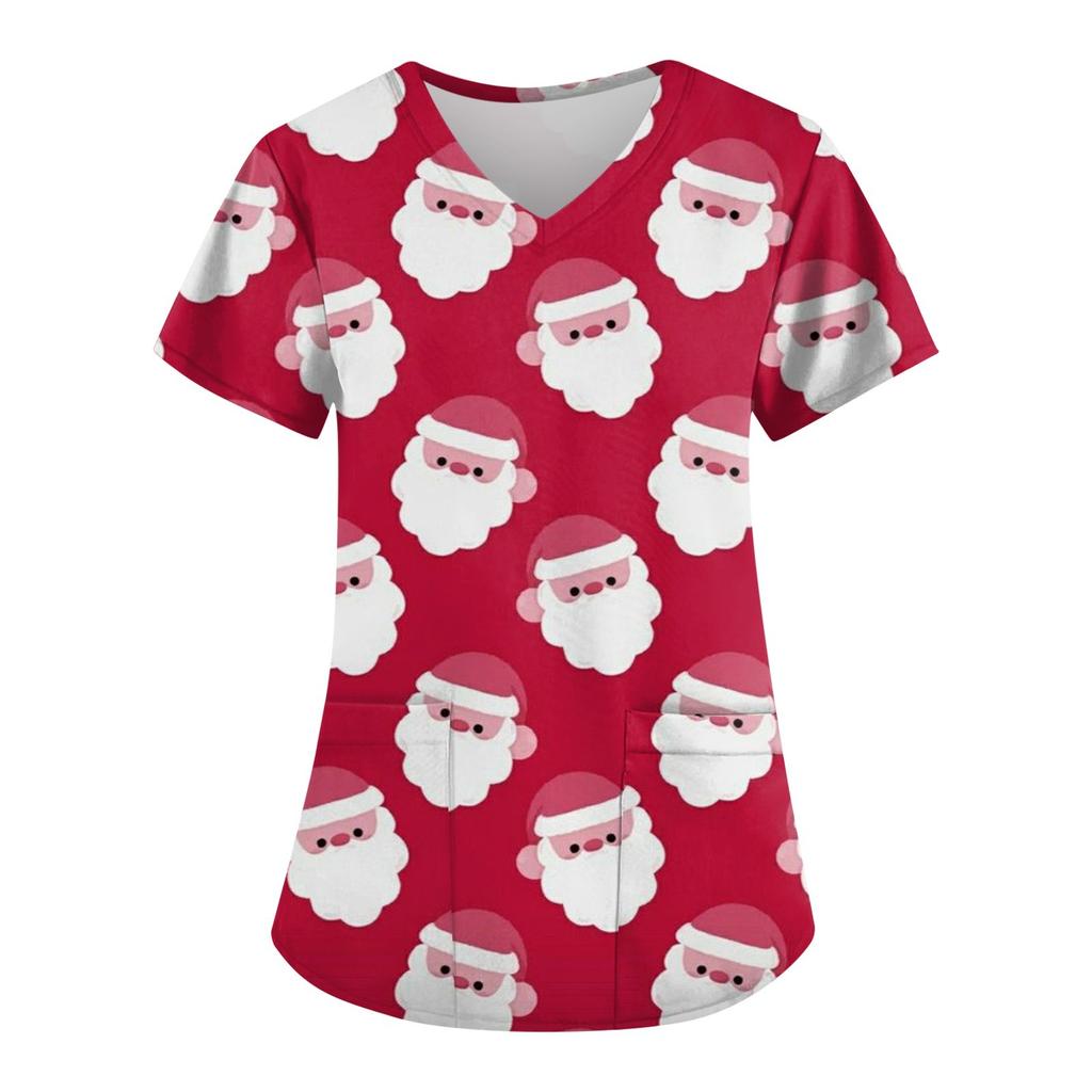 Женская мода с рождественским принтом и короткими рукавами с v-образным вырезом, маленькая рабочая футболка с карманами