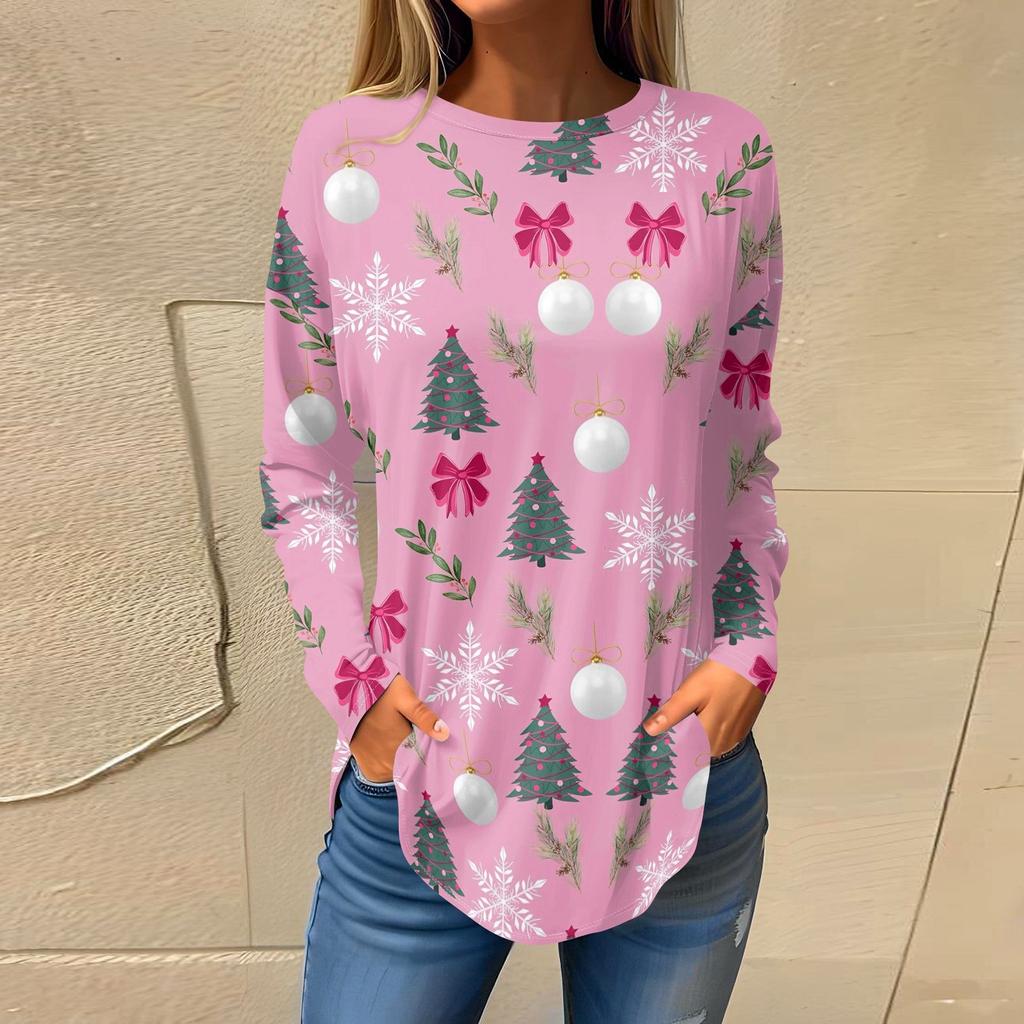 Футболки для женщин, осенние повседневные рубашки с длинным рукавом, толстовки с винтажным графическим принтом, топы, пуловеры, рождественские