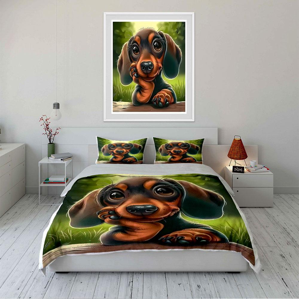 Adorable Cartoon Dachshund Art Bedding Duvet Cover Set (1*Duvet Cover 2*Pillowcases, without duvet insert)