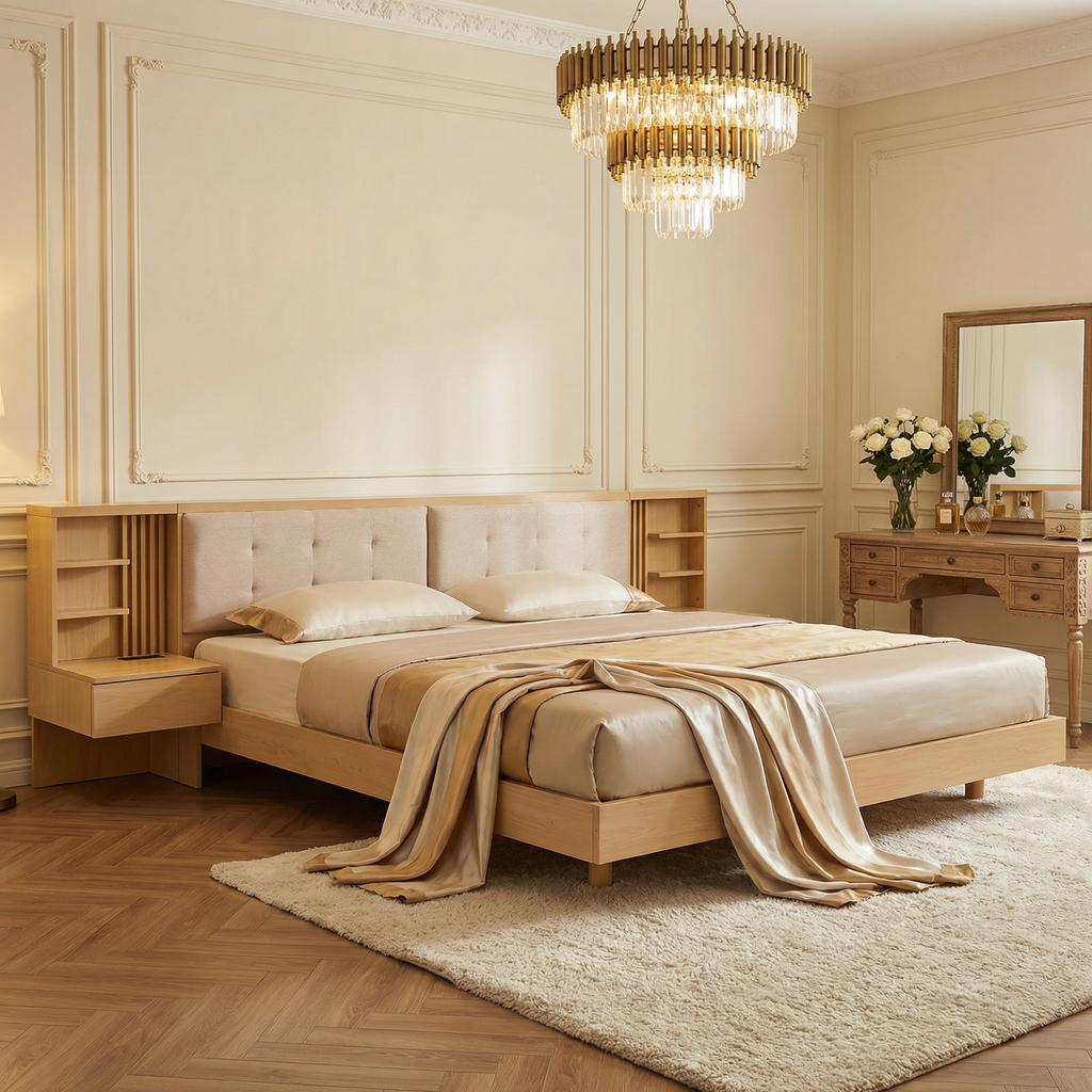 Парящая кровать с изголовьем-ящиком, размер King Size (180x200cm), Мягкая платформа с USB-портом для зарядки, ящиками и полками, с прочной реечной основой