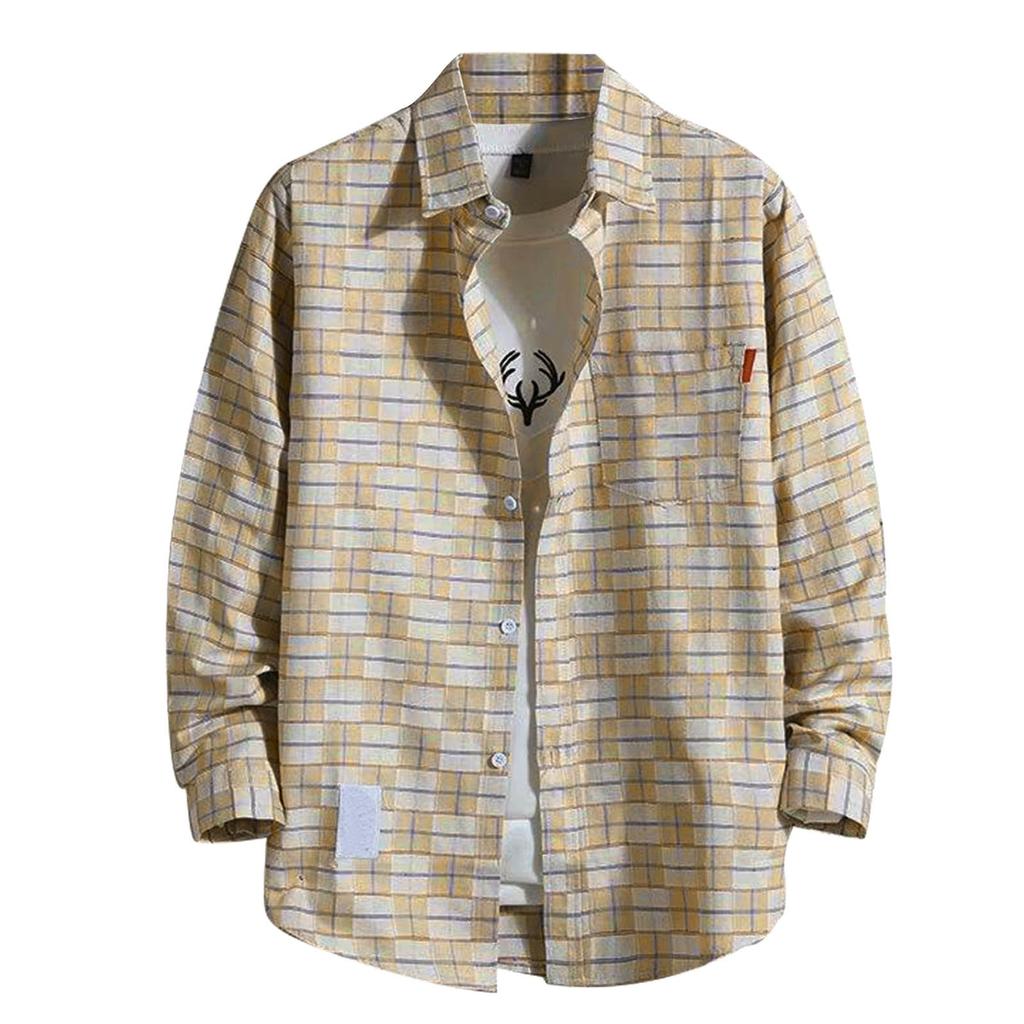 Мужские блузки Рубашка с лацканами Длинные рукава Клетчатые футболки Свободная рубашка с пальто на пуговицах Повседневные рубашки Большие размеры Модные топы