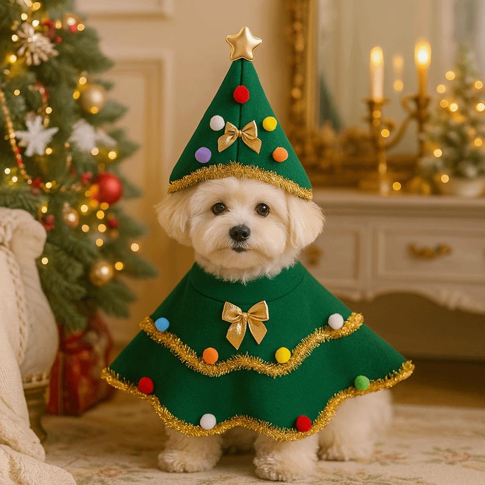Cartoon Christmas Dog Cape Christmas Tree Design Adjustable Dog Cosplay Dress Polyester Unique Role-Play Outfit