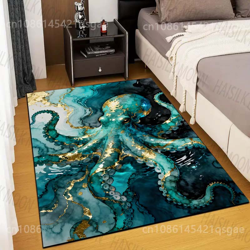 Multiple sizes Blue octopus with gold textures Carpet for Living Room Bedroom Sofa Home Decor Rug Non-slip Floor Mat Luxury Gift