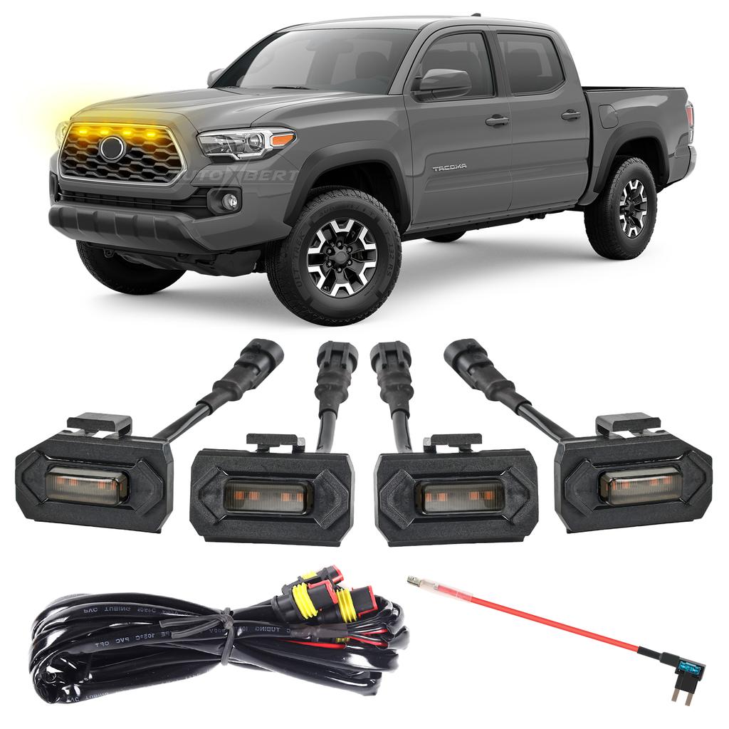 4x комплект жгутов проводов адаптера для передней решетки со светодиодной янтарно-желтой подсветкой для Toyota Tacoma 2020-2023 TRD Grill Black Shell Raptor-style