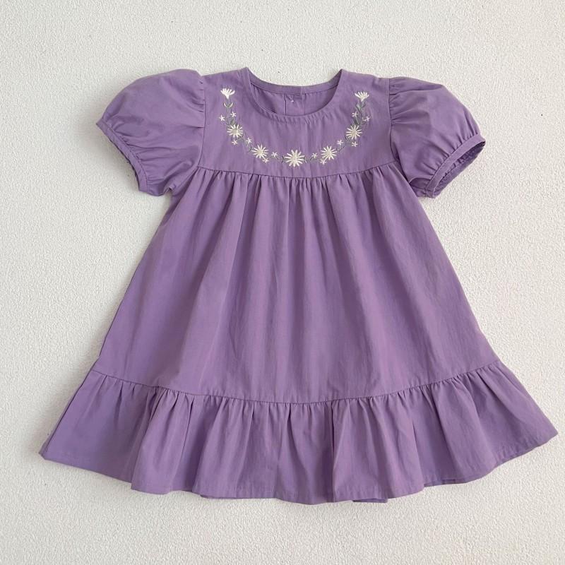 Girls Cotton Dress Floral Embroidered Puff Sleeve A-line Kids