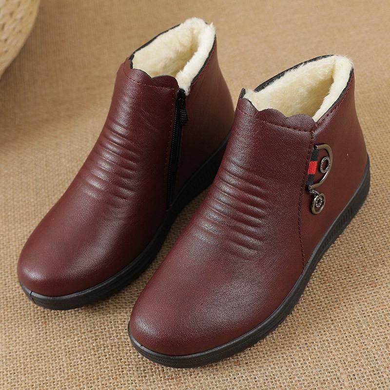 Winter Mom's Shoes Cotton Shoes with Velvet Warmth Middle Aged Short Boots Middle Aged Women's Shoes Elderly Flat Leather Shoes Anti Slip Winter Shoes