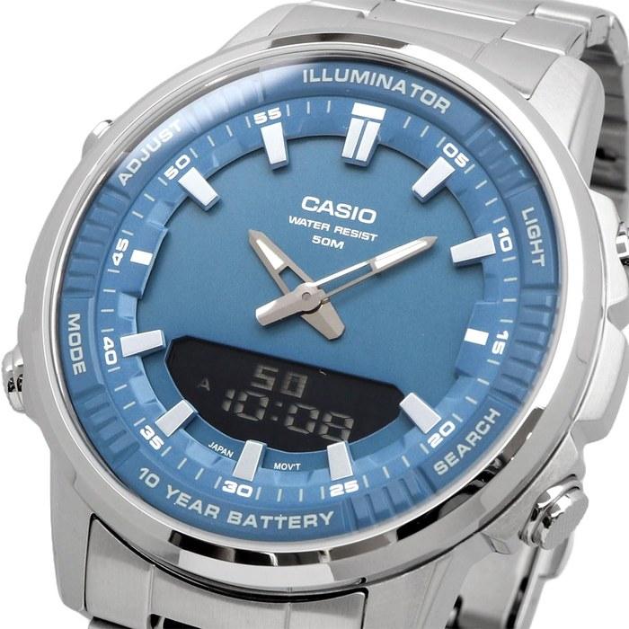 Мужские часы Casio World Time Аналогово-цифровые Кварцевые AMW-880D-2A1V Серовато-синий Металлический ремешок