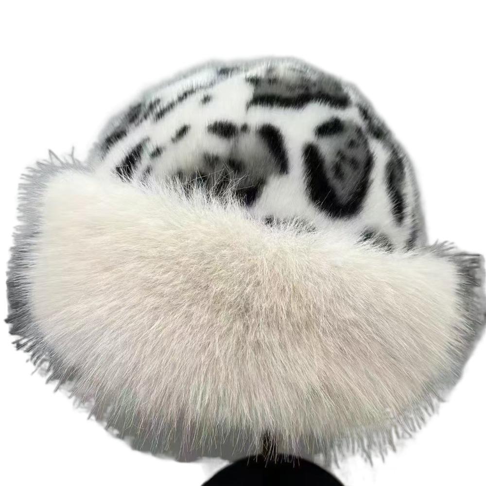 Норковый мех Леопардовый принт Плюшевая Монгольская шапка без полей Плюшевая Панама Осень и Зима