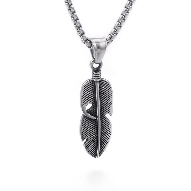 Hip-hop Hollow Retro Titanium Steel Necklace, Trendy Man Stainless Steel Pendant, Feather Necklace