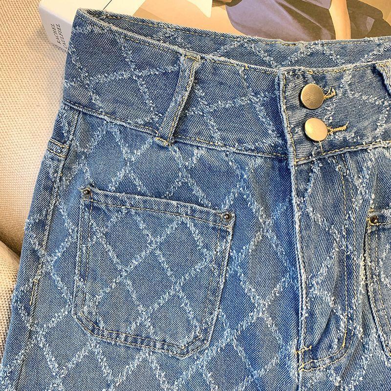 Женские джинсовые брюки, весна-осень 2024, корейский ромбовидный дизайн, джинсы с высокой талией, свободные тонкие универсальные прямые широкие брюки