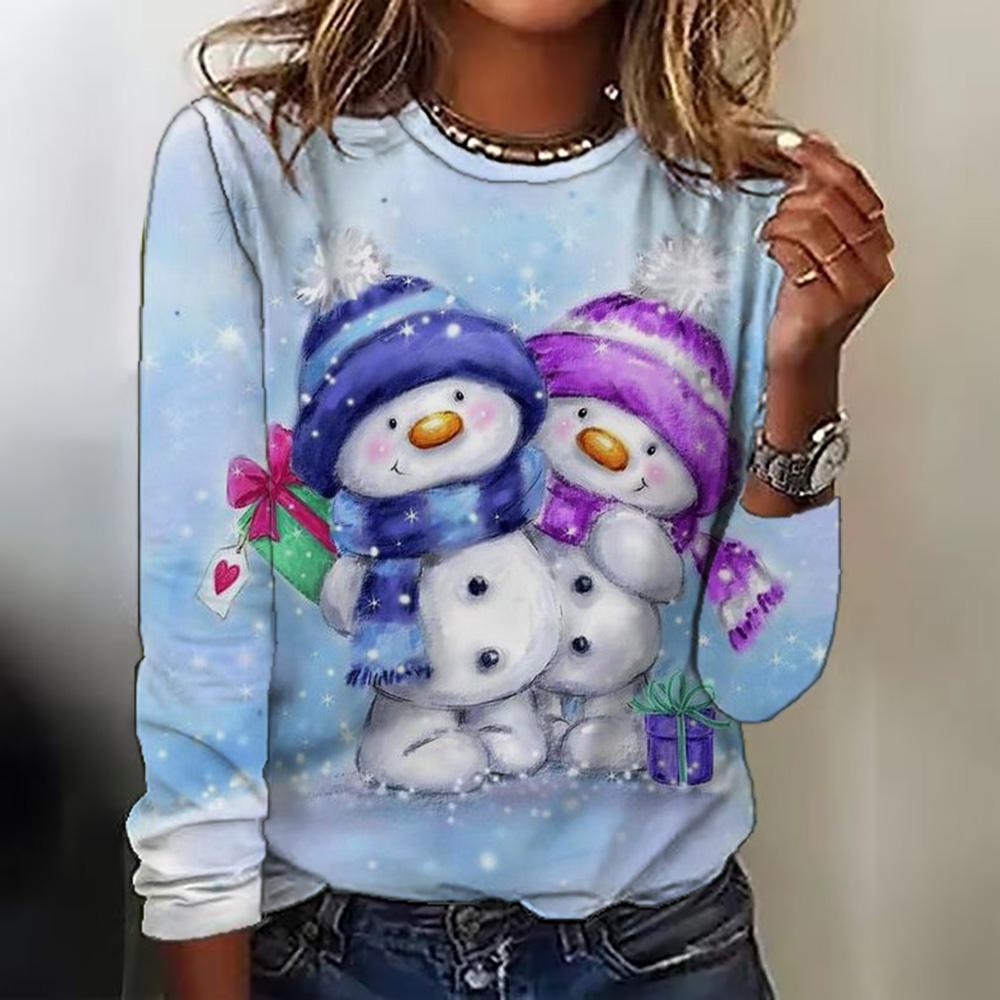 Летний топ с круглым вырезом и 3D рождественским принтом, модные и повседневные женские футболки с длинными рукавами