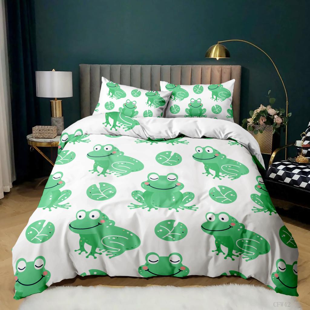 Animal Frogs Duvet Cover Set King Queen Size Green Lovely Cartoon Frog Bedding Set Kids Toad 2/3pcs Polyester Comforter Cover