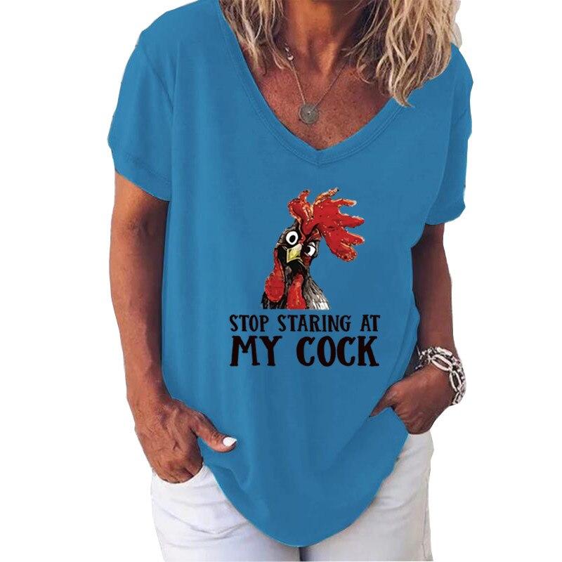 Модные весенние блузки с принтом петуха, футболки с V-образным вырезом и короткими рукавами, повседневные