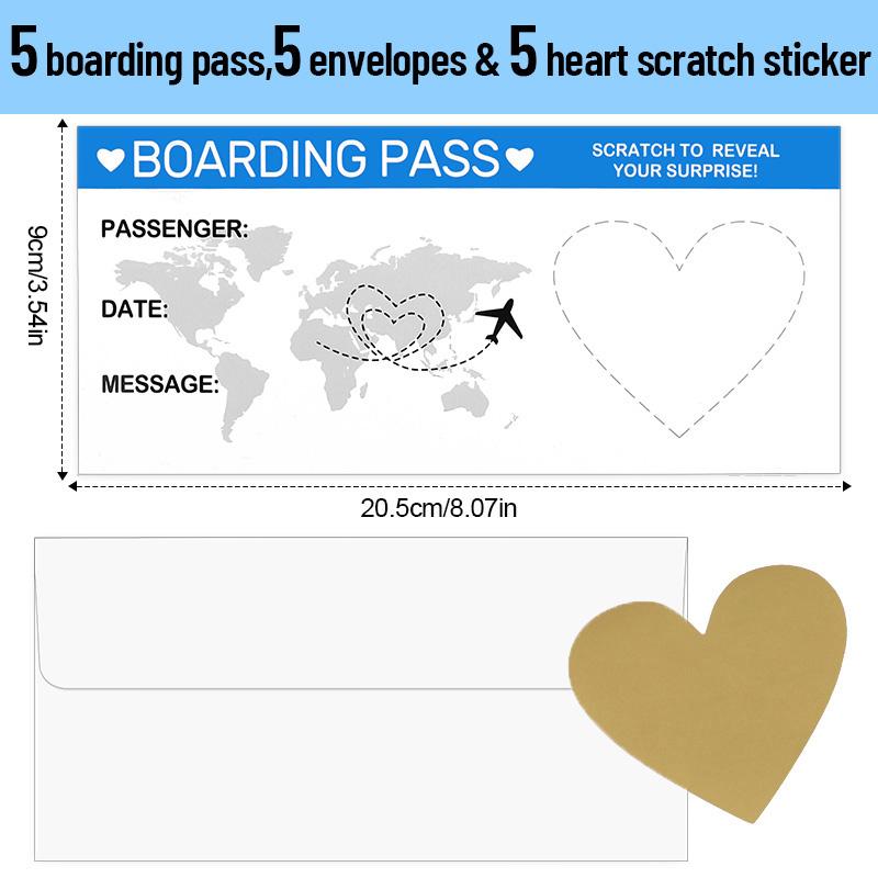 5Sheets Boarding Pass Scratch Off Game Card with Envelope DIY Surprise Gift for Wedding Birthday Party Christmas Travel Tickets