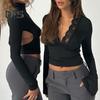 Женский укороченный топ с длинными рукавами, сексуальный, глубокий V-образный вырез, кружевная облегающая блузка, повседневная базовая рубашка для выхода на весну и осень
