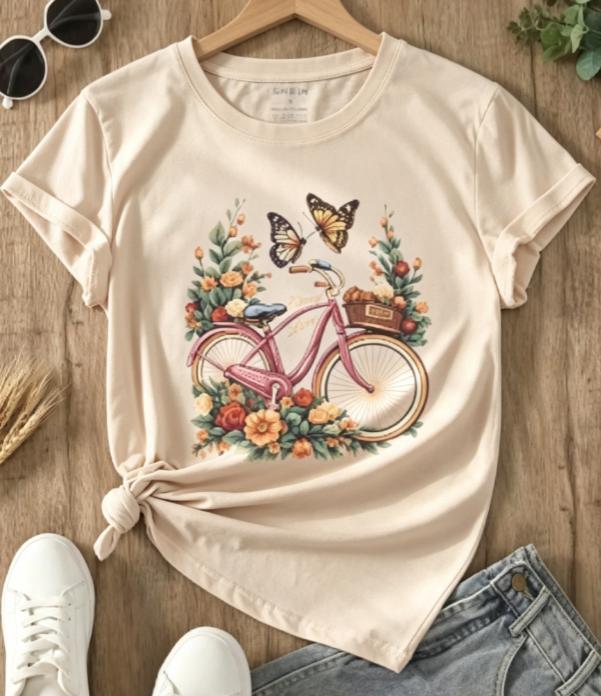 TXWomen's Crew Neck Short‑Sleeve Graphic Tee, Floral And Butterfly Print, Fashion New Arrival, Casual Soft Everyday Top For Spring Summer ****