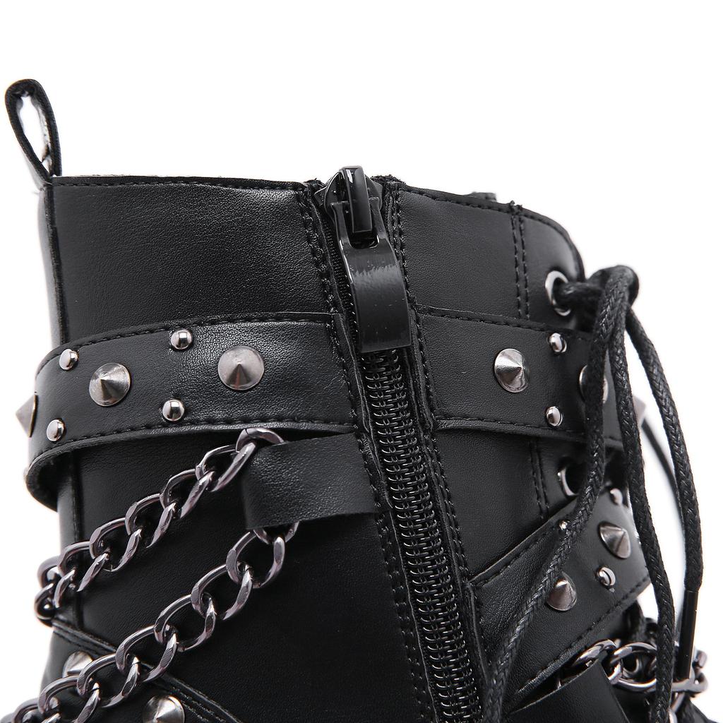 Готические черные ботильоны для женщин, женская обувь на высоком каблуке, черная клубная обувь на шнуровке с заклепками и цепочкой