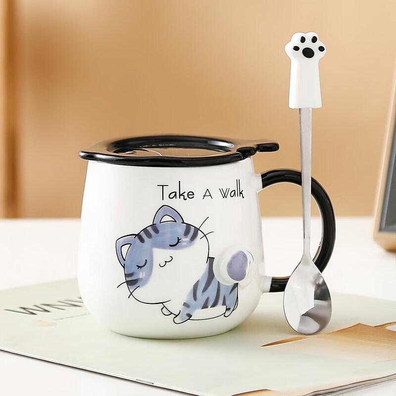 Japanese Style Ceramic Cat Mug with Lid & Spoon